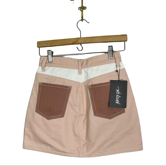Nasty Gal Patch You Later Pink Rust Denim Mini Skirt Color Blocked Neutral NWT - Picture 4 of 9